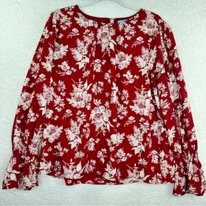 CeCe Red and Cream Floral Long Sleeve Blouse